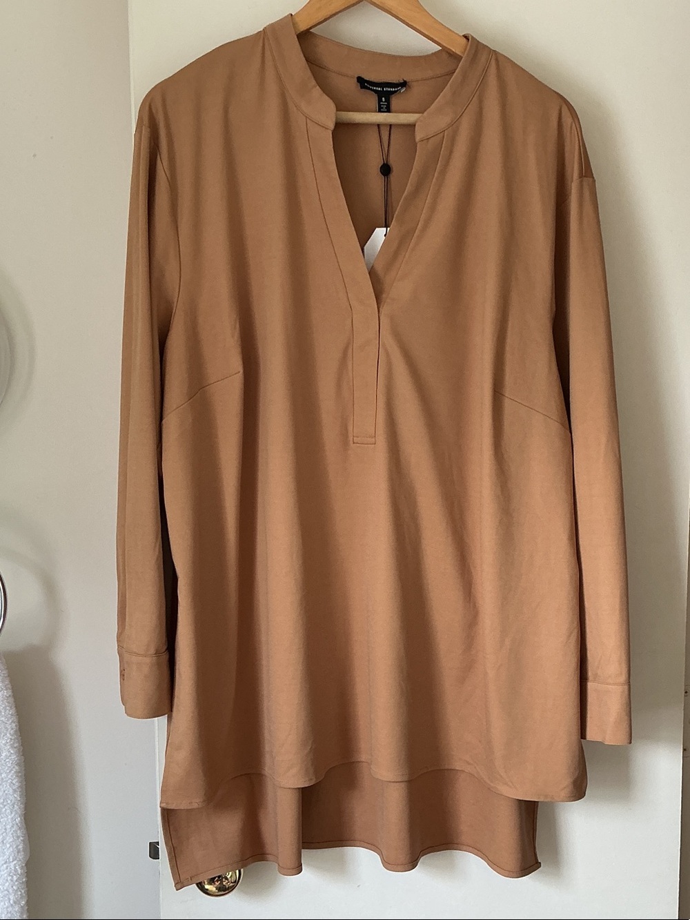 UNIVERSAL STANDARD HENLEY Women's Tunic Top in Camel Oversized w xtra buttons.